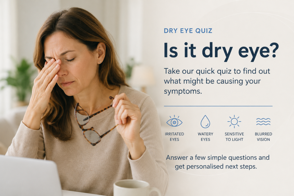 Woman rubbing her eye beside a promo for a dry eye quiz, mentioning irritated eyes, watery eyes, light sensitivity, and blurred vision on the right side.