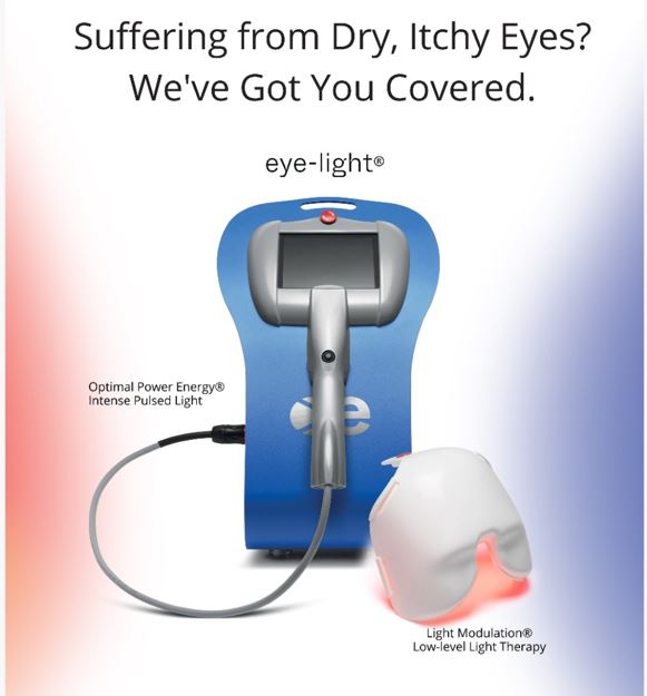 Eye-light low-level light therapy device with a wearable mask; ad promotes relief for dry, itchy eyes.