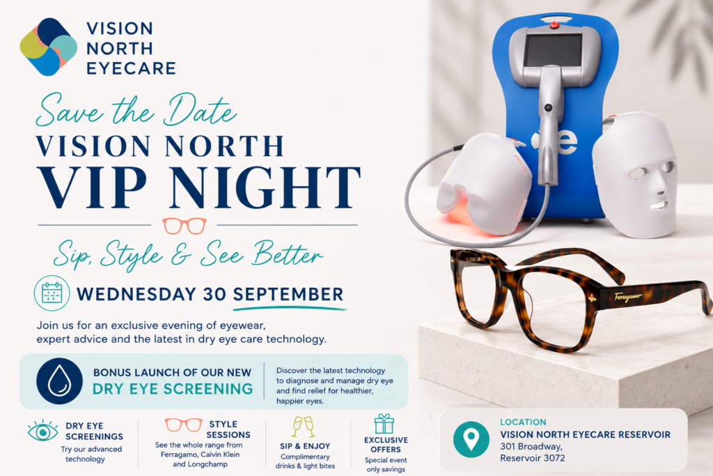 Promotional poster for Vision North Eyecare VIP Night with logo, Save the Date, VIP NIGHT headline, date and glasses imagery on a white background.